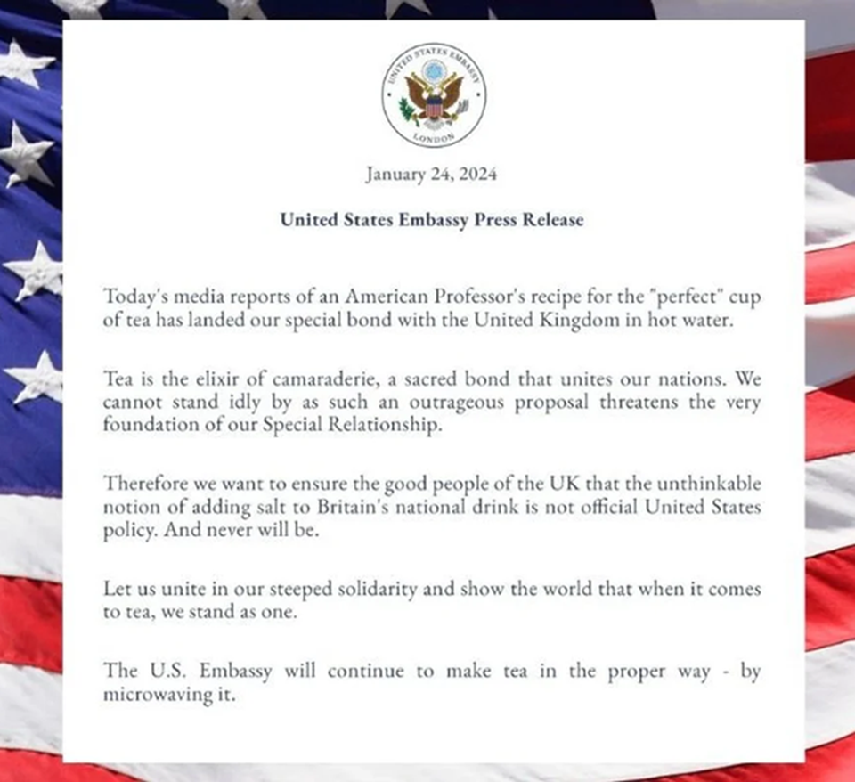 Tongue in cheek release from US Embassy in UK